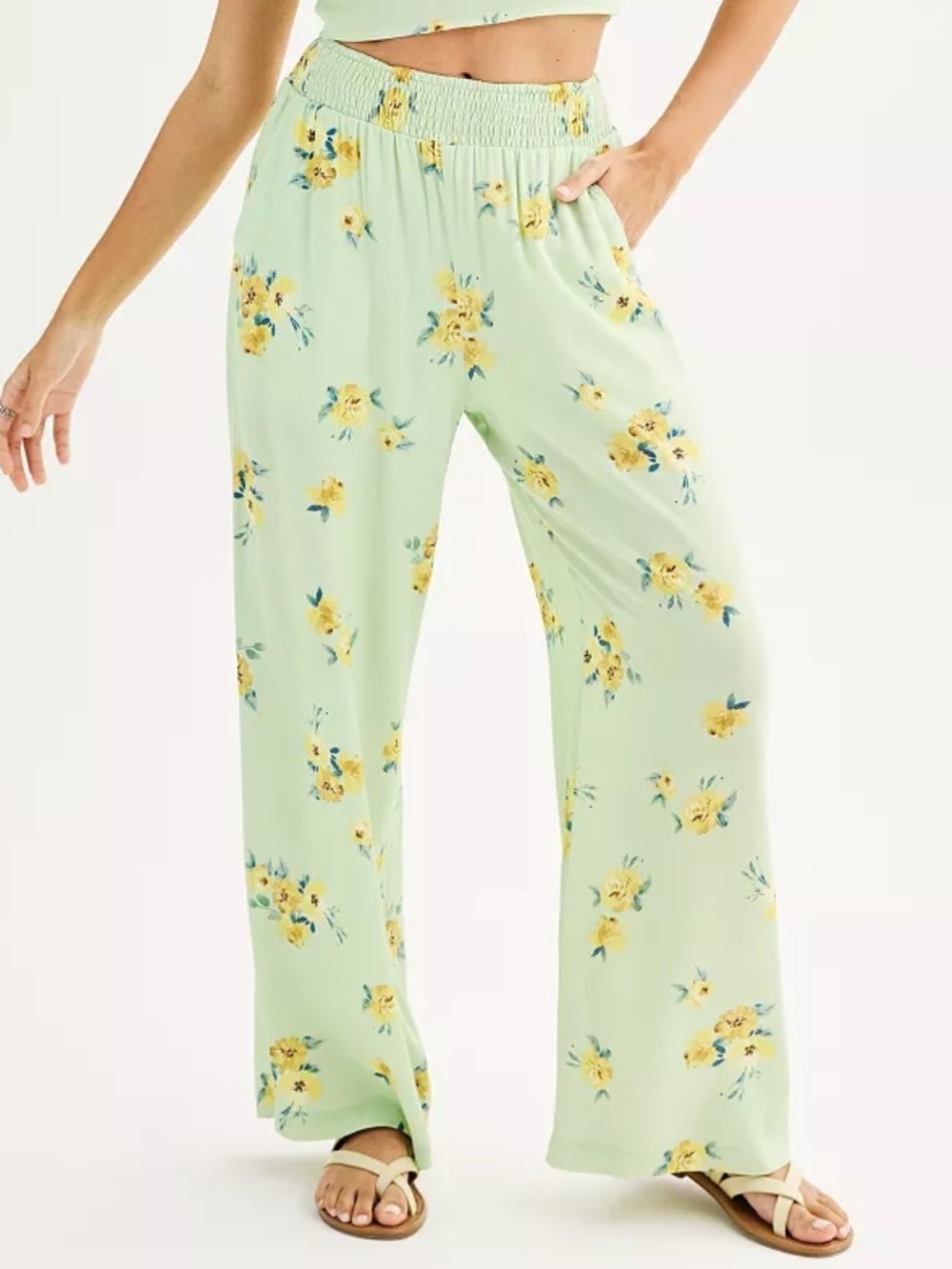 🌼B2G1🌼 Live To Be Spoiled Wide-Leg Floral Pants Mint with Yellow Bloom Print